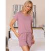 imageSWOMOG Pajamas for Women Set 2 Piece Short Sleeve Sleepwear Soft Tops and Ruffle Shorts Pjs Lounge Sets with Pockets SXXLTaro Purple