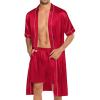 imageSWOMOG Mens Silk Satin Robe with Shorts Set 2PCS Short Sleeve Kimono Bathrobe Soft Sleepwear Pjs Sets with PocketsRed