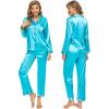 imageSWOMOG Womens Silk Satin Pajamas Set Long Sleeve Button Down Sleepwear 2 Piece Lounge Set Pj Set XS3XLCyan
