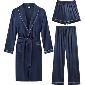 imageSWOMOG Mens Satin Robe 3 Pcs Silky Kimono Bathrobe Set Lightweight Soft Loungewear NightwearDark Grey