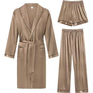 imageSWOMOG Mens Satin Robe 3 Pcs Silky Kimono Bathrobe Set Lightweight Soft Loungewear NightwearOpaue Couche