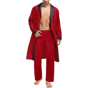 imageSWOMOG Mens Satin Robe with Pants Set Silky Kimono Bathrobe Lightweight Soft Sleepwear LoungewearRed