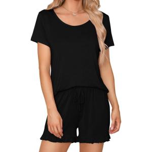 imageSWOMOG Pajamas for Women Set 2 Piece Short Sleeve Sleepwear Soft Tops and Ruffle Shorts Pjs Lounge Sets with Pockets SXXLBlack