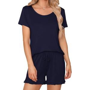 imageSWOMOG Pajamas for Women Set 2 Piece Short Sleeve Sleepwear Soft Tops and Ruffle Shorts Pjs Lounge Sets with Pockets SXXLNavy Blue