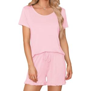 imageSWOMOG Pajamas for Women Set 2 Piece Short Sleeve Sleepwear Soft Tops and Ruffle Shorts Pjs Lounge Sets with Pockets SXXLPink