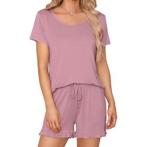 imageSWOMOG Pajamas for Women Set 2 Piece Short Sleeve Sleepwear Soft Tops and Ruffle Shorts Pjs Lounge Sets with Pockets SXXLTaro Purple
