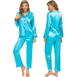 imageSWOMOG Womens Silk Satin Pajamas Set Long Sleeve Button Down Sleepwear 2 Piece Lounge Set Pj Set XS3XLCyan
