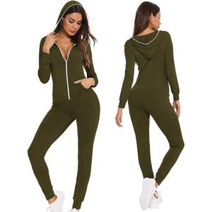 imageSWOMOG Womens Pajamas Jumpsuits Zipup Hoodie Union Jumpsuit Romper Long Sleeve Sexy Onesie Bodysuits One Piece SleepwearArmy Green