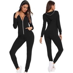 imageSWOMOG Womens Pajamas Jumpsuits Zipup Hoodie Union Jumpsuit Romper Long Sleeve Sexy Onesie Bodysuits One Piece SleepwearBlack