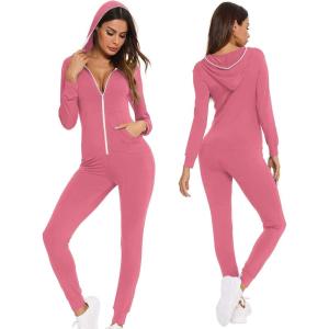 imageSWOMOG Womens Pajamas Jumpsuits Zipup Hoodie Union Jumpsuit Romper Long Sleeve Sexy Onesie Bodysuits One Piece SleepwearCoral