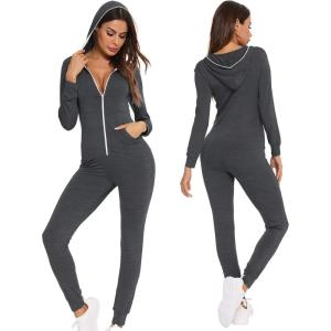 imageSWOMOG Womens Pajamas Jumpsuits Zipup Hoodie Union Jumpsuit Romper Long Sleeve Sexy Onesie Bodysuits One Piece SleepwearDeep Grey