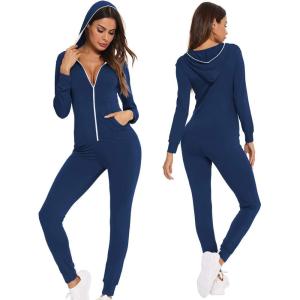 imageSWOMOG Womens Pajamas Jumpsuits Zipup Hoodie Union Jumpsuit Romper Long Sleeve Sexy Onesie Bodysuits One Piece SleepwearNavy Blue