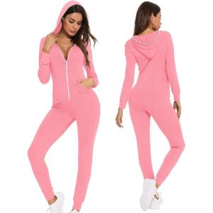 imageSWOMOG Womens Pajamas Jumpsuits Zipup Hoodie Union Jumpsuit Romper Long Sleeve Sexy Onesie Bodysuits One Piece SleepwearPeach Pink