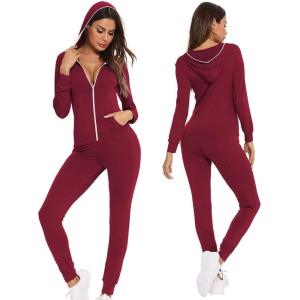 imageSWOMOG Womens Pajamas Jumpsuits Zipup Hoodie Union Jumpsuit Romper Long Sleeve Sexy Onesie Bodysuits One Piece SleepwearWine Red
