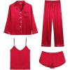 imageSWOMOG Women Satin Pajamas 4pcs Pajama Set Sexy Cami Shorts Set and Button Down Long Sleeve Pjs Loungewear SleepwearChristmas Red