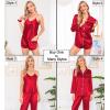 imageSWOMOG Women Satin Pajamas 4pcs Pajama Set Sexy Cami Shorts Set and Button Down Long Sleeve Pjs Loungewear SleepwearChristmas Red