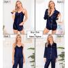 imageSWOMOG Women Satin Pajamas 4pcs Pajama Set Sexy Cami Shorts Set and Button Down Long Sleeve Pjs Loungewear SleepwearDeep Navy Blue