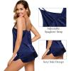 imageSWOMOG Women Satin Pajamas 4pcs Pajama Set Sexy Cami Shorts Set and Button Down Long Sleeve Pjs Loungewear SleepwearDeep Navy Blue