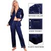 imageSWOMOG Women Satin Pajamas 4pcs Pajama Set Sexy Cami Shorts Set and Button Down Long Sleeve Pjs Loungewear SleepwearDeep Navy Blue