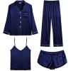 imageSWOMOG Women Satin Pajamas 4pcs Pajama Set Sexy Cami Shorts Set and Button Down Long Sleeve Pjs Loungewear SleepwearDeep Navy Blue