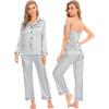 imageSWOMOG Women Satin Pajamas 4pcs Pajama Set Sexy Cami Shorts Set and Button Down Long Sleeve Pjs Loungewear SleepwearLight Grey