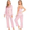 imageSWOMOG Women Satin Pajamas 4pcs Pajama Set Sexy Cami Shorts Set and Button Down Long Sleeve Pjs Loungewear SleepwearLight Pink