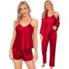 imageSWOMOG Women Satin Pajamas 4pcs Pajama Set Sexy Cami Shorts Set and Button Down Long Sleeve Pjs Loungewear SleepwearRedb