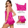 imageSWOMOG Women Satin Pajamas 4pcs Pajama Set Sexy Cami Shorts Set and Button Down Long Sleeve Pjs Loungewear SleepwearRose Red