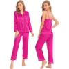 imageSWOMOG Women Satin Pajamas 4pcs Pajama Set Sexy Cami Shorts Set and Button Down Long Sleeve Pjs Loungewear SleepwearRose Red