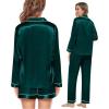 imageSWOMOG Womens 2 PCS  3 PCS Pajamas Set Silk Satin Long Sleeve Sleepwear Button Down Loungewear Pjs NightwearDeep Green  3 Pcs