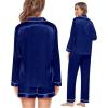 imageSWOMOG Womens 2 PCS  3 PCS Pajamas Set Silk Satin Long Sleeve Sleepwear Button Down Loungewear Pjs NightwearNavy Blue  3 Pcs