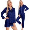 imageSWOMOG Womens 2 PCS  3 PCS Pajamas Set Silk Satin Long Sleeve Sleepwear Button Down Loungewear Pjs NightwearNavy Blue  3 Pcs
