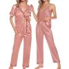 imageSWOMOG Womens 4pcs Pajamas Sets Short Sleeve Camisole with Button Down Shirt Pjs Silk Satin Sleepwear LoungewearMisty Rose