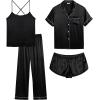 imageSWOMOG Womens 4pcs Pajamas Sets Silk Satin Pjs Sexy Cami Shorts Set Button Down Long Short Sleeve Sleepwear LoungewearBlack