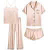 imageSWOMOG Womens 4pcs Pajamas Sets Silk Satin Pjs Sexy Cami Shorts Set Button Down Long Short Sleeve Sleepwear LoungewearChampagne