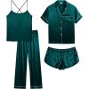 imageSWOMOG Womens 4pcs Pajamas Sets Silk Satin Pjs Sexy Cami Shorts Set Button Down Long Short Sleeve Sleepwear LoungewearDeep Green