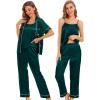 imageSWOMOG Womens 4pcs Pajamas Sets Silk Satin Pjs Sexy Cami Shorts Set Button Down Long Short Sleeve Sleepwear LoungewearDeep Green