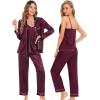 imageSWOMOG Womens 4pcs Pajamas Sets Silk Satin Pjs Sexy Cami Shorts Set Button Down Long Short Sleeve Sleepwear LoungewearDeep Wine Red