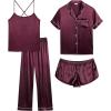 imageSWOMOG Womens 4pcs Pajamas Sets Silk Satin Pjs Sexy Cami Shorts Set Button Down Long Short Sleeve Sleepwear LoungewearDeep Wine Red