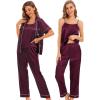 imageSWOMOG Womens 4pcs Pajamas Sets Silk Satin Pjs Sexy Cami Shorts Set Button Down Long Short Sleeve Sleepwear LoungewearDeep Wine Red