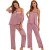 imageSWOMOG Womens 4pcs Pajamas Sets Silk Satin Pjs Sexy Cami Shorts Set Button Down Long Short Sleeve Sleepwear LoungewearMisty Rose