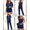 imageSWOMOG Womens 4pcs Pajamas Sets Silk Satin Pjs Sexy Cami Shorts Set Button Down Long Short Sleeve Sleepwear LoungewearNavy Blue