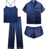 imageSWOMOG Womens 4pcs Pajamas Sets Silk Satin Pjs Sexy Cami Shorts Set Button Down Long Short Sleeve Sleepwear LoungewearNavy Blue