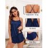 imageSWOMOG Womens 4pcs Pajamas Sets Silk Satin Pjs Sexy Cami Shorts Set Button Down Long Short Sleeve Sleepwear LoungewearNavy Blue