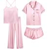 imageSWOMOG Womens 4pcs Pajamas Sets Silk Satin Pjs Sexy Cami Shorts Set Button Down Long Short Sleeve Sleepwear LoungewearPink