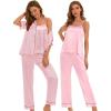 imageSWOMOG Womens 4pcs Pajamas Sets Silk Satin Pjs Sexy Cami Shorts Set Button Down Long Short Sleeve Sleepwear LoungewearPink