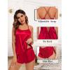 imageSWOMOG Womens 4pcs Pajamas Sets Silk Satin Pjs Sexy Cami Shorts Set Button Down Long Short Sleeve Sleepwear LoungewearRed