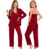 imageSWOMOG Womens 4pcs Pajamas Sets Silk Satin Pjs Sexy Cami Shorts Set Button Down Long Short Sleeve Sleepwear LoungewearRed
