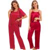 imageSWOMOG Womens 4pcs Pajamas Sets Silk Satin Pjs Sexy Cami Shorts Set Button Down Long Short Sleeve Sleepwear LoungewearRed