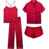 imageSWOMOG Womens 4pcs Pajamas Sets Silk Satin Pjs Sexy Cami Shorts Set Button Down Long Short Sleeve Sleepwear LoungewearRed